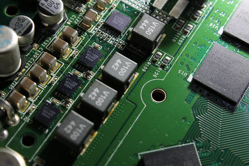 Close-up of Circuit Board — Green, Technical, Photograph, Electronic Components, Capacitors, Resistors