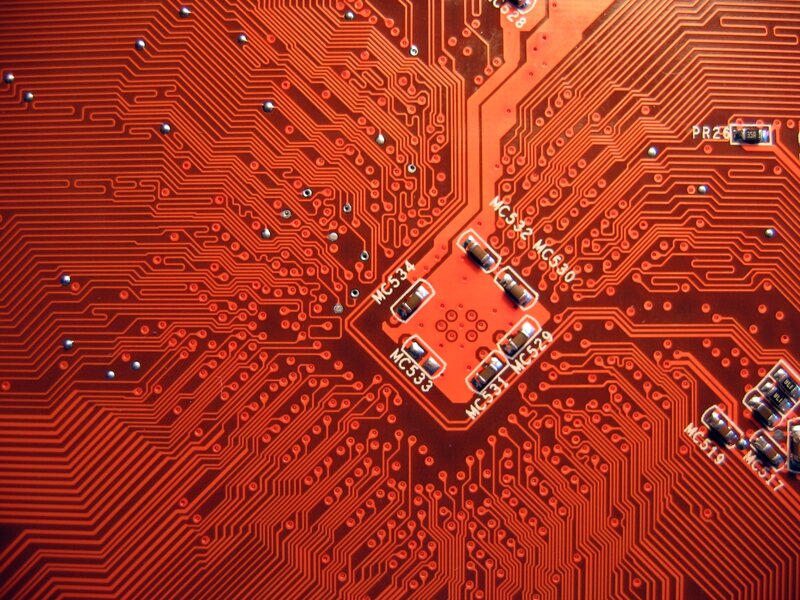 Close-up of Circuit Board — Red, Technical, Photograph