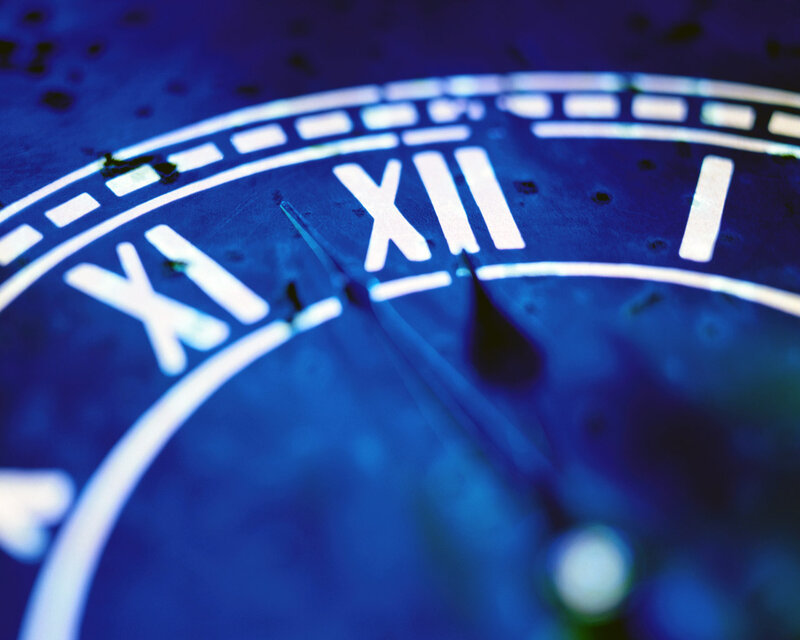 Close-up of Clock Face — Blue, Dramatic, Photograph
