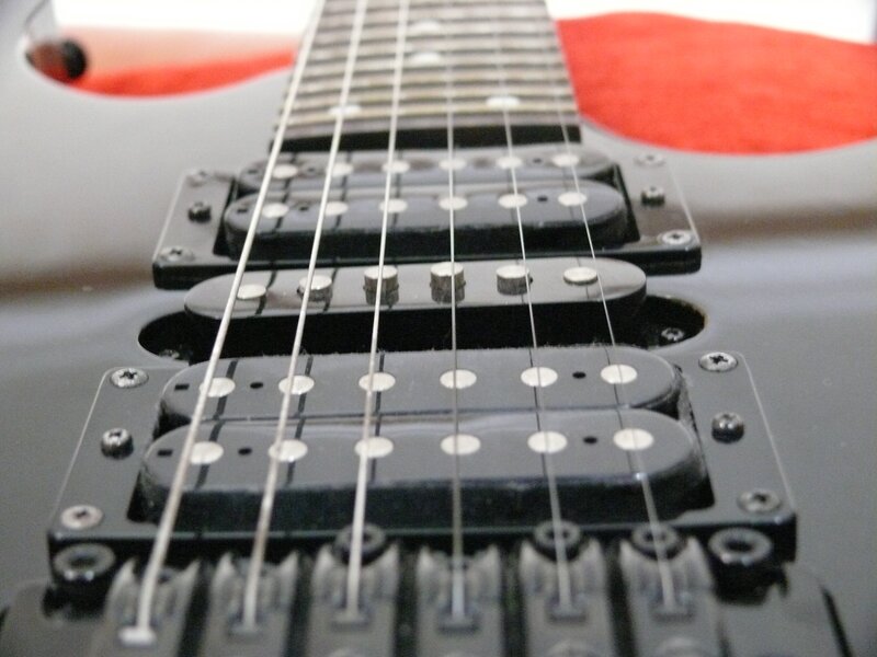close-up of electric guitar pickups
