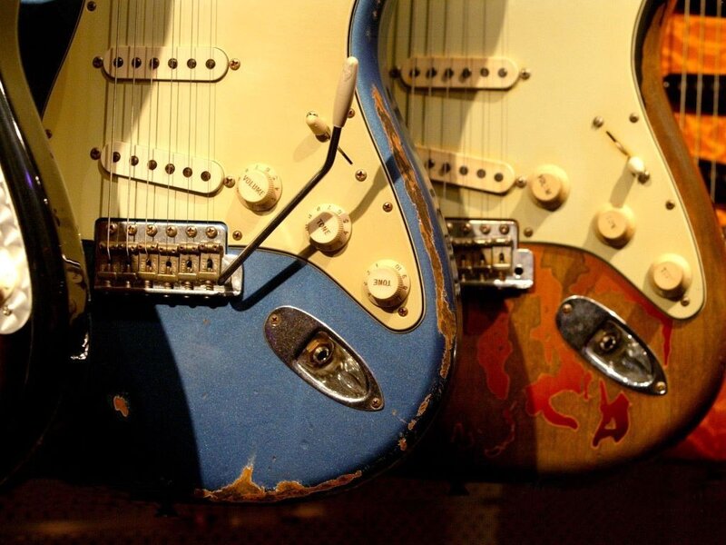 close-up of electric guitars