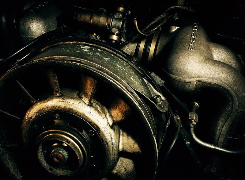 Close-up of Engine Components — Black, Dramatic, Photograph