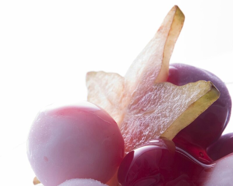 close-up of grapes and pear