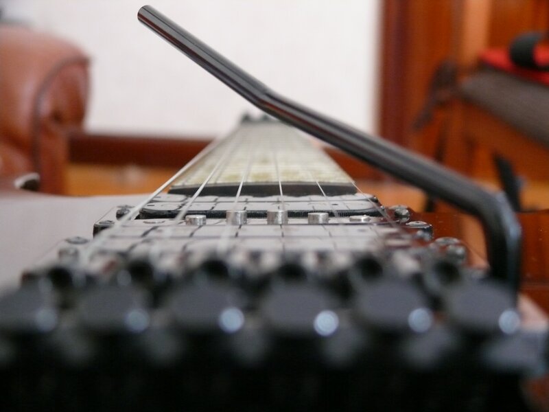 close-up of guitar bridge