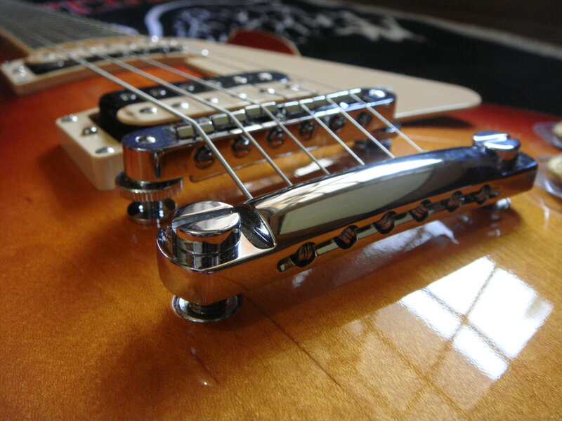 close-up of guitar bridge