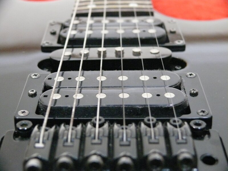 close-up of guitar pickups