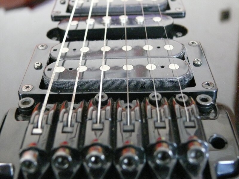 close-up of guitar pickups