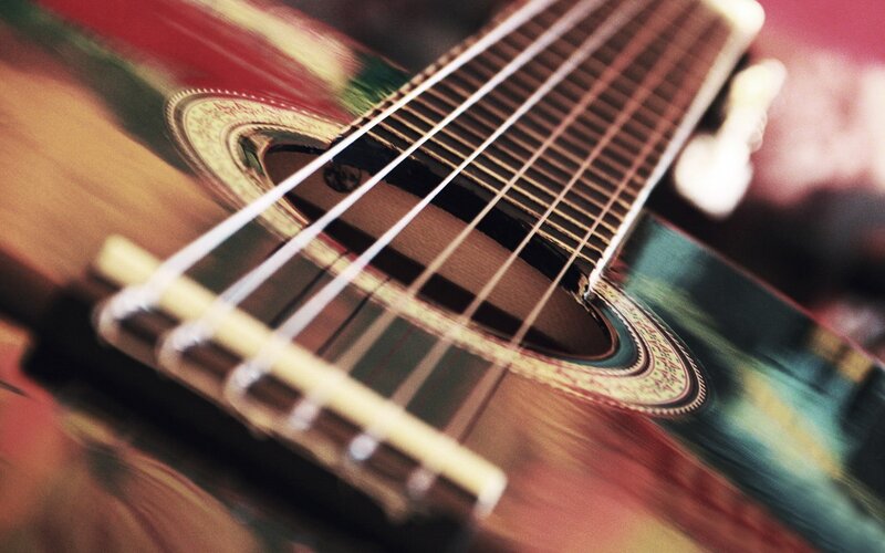 Close-up of Guitar Strings — Brown, Calm, Photograph, Sound Hole