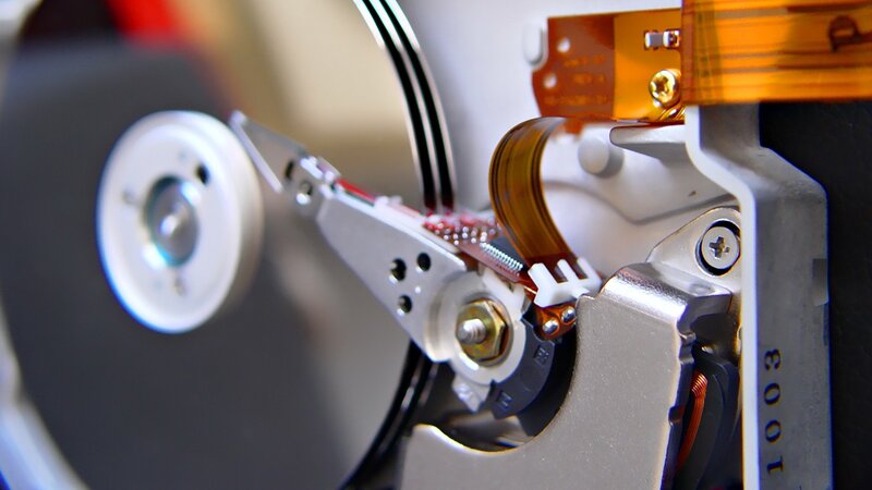 close-up of hard drive internals