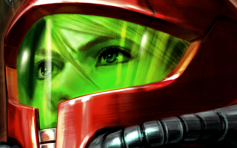 close-up of helmeted character
