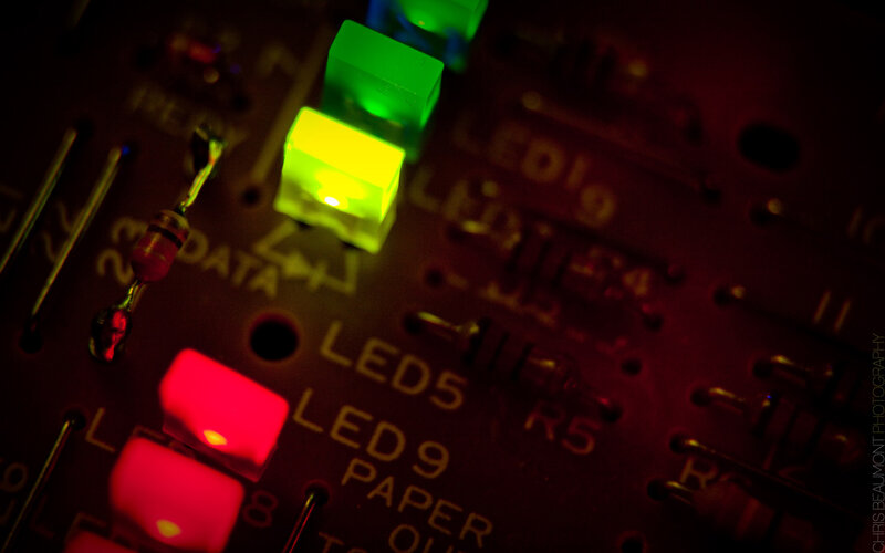 Close-up of illuminated LEDs on circuit board