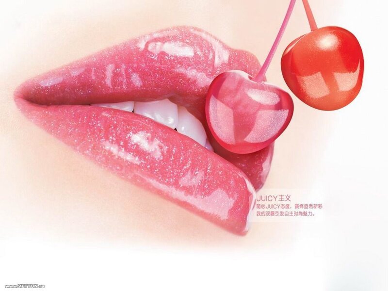 Close-up of Lips and Cherries — Pink