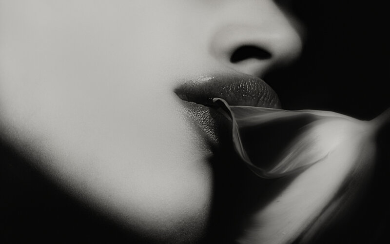 Close-up of Lips and Flower — Black