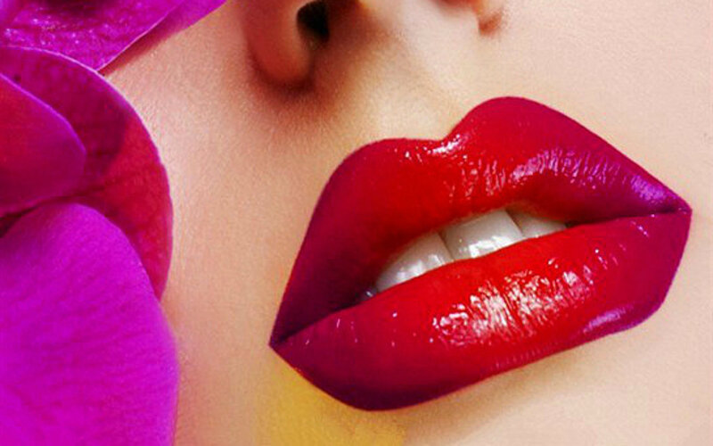 Close-up of Lips and Flower — Red