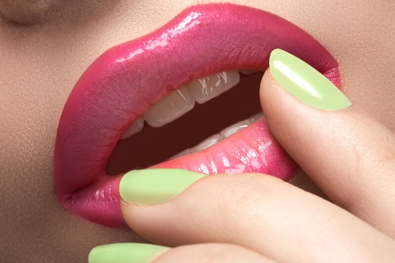 Close-up of Lips and Hand — Pink, Sensual