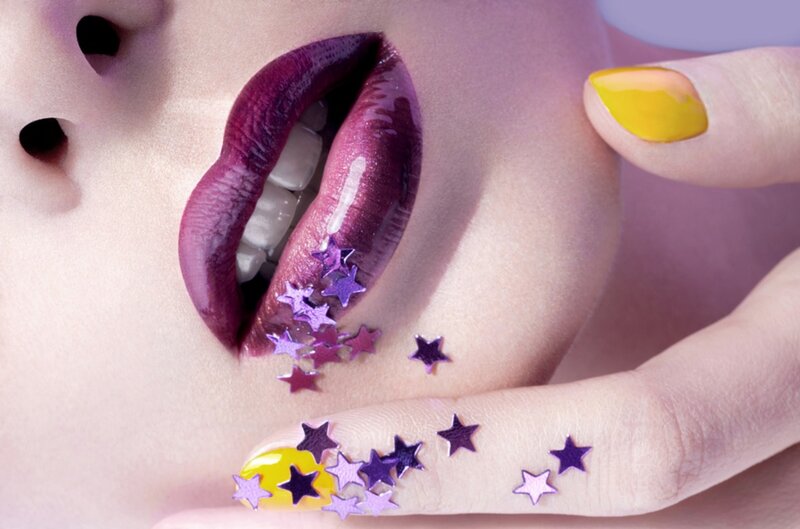 Close-up of Lips and Hand — Purple, Dramatic