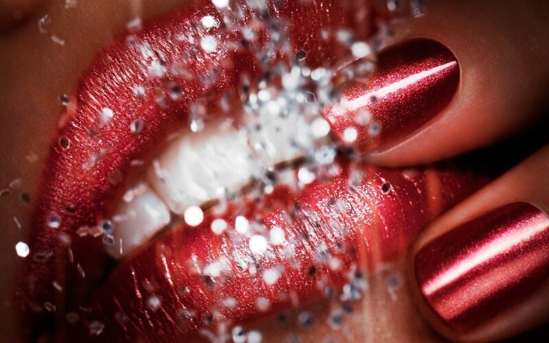 Close-up of Lips and Nails — Red, Dramatic, Photograph, Glitter