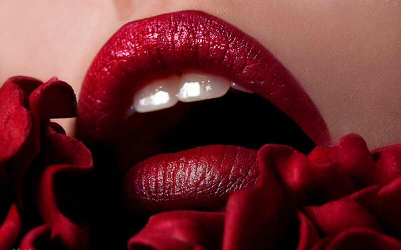 Close-up of Lips and Rose — Red, Dramatic, Photograph
