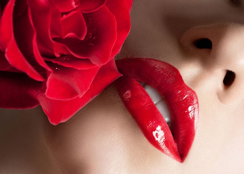 Close-up of Lips and Rose — Red, Dramatic