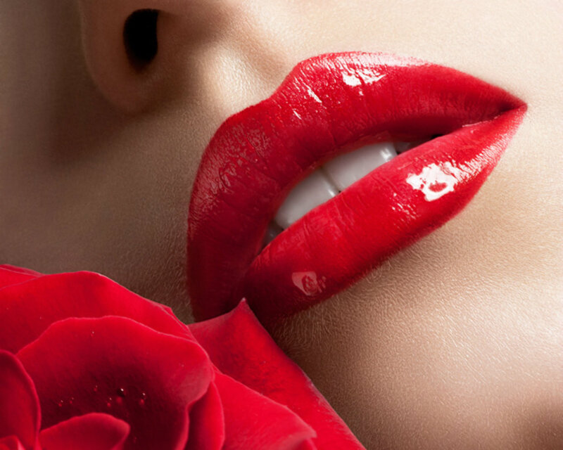 Close-up of Lips and Rose — Red, Sensual