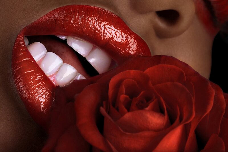 Close-up of Lips and Rose — Red