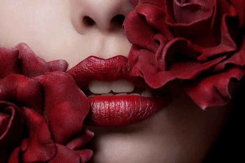 Close-up of Lips and Roses — Red