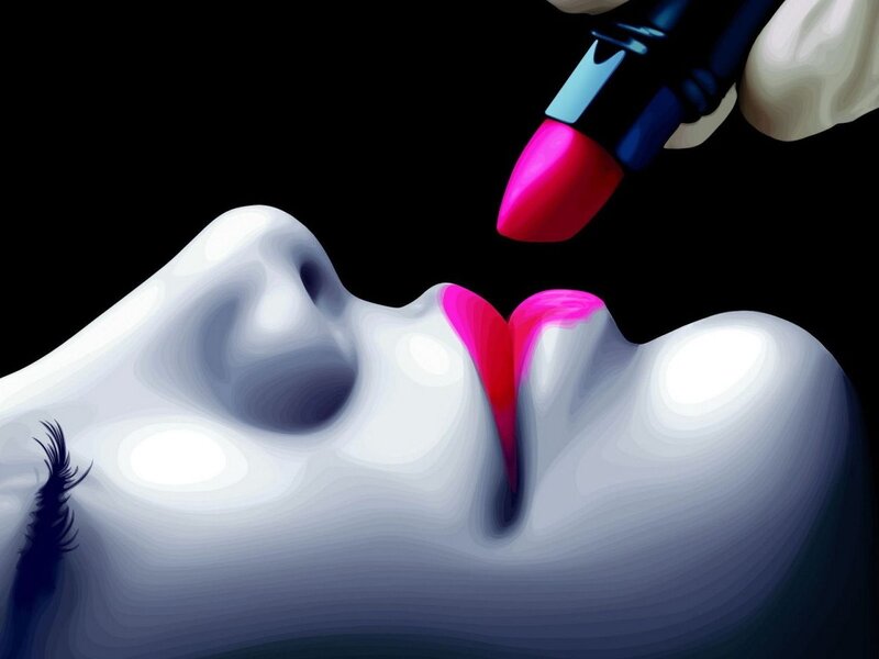 Close-up of Lips Applying Lipstick — White