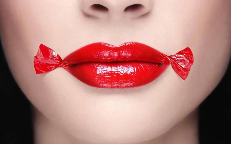 Close-up of Lips — Red, Dramatic, Photograph, Candy Wrapper