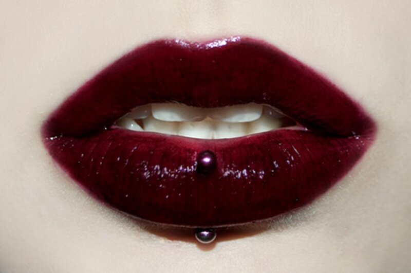 Close-up of Lips — Red, Dramatic, Photograph, Lip Piercing