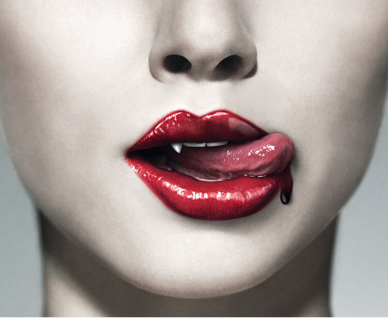 Close-up of Lips — Red, Dramatic, Photograph, Tongue, Fangs