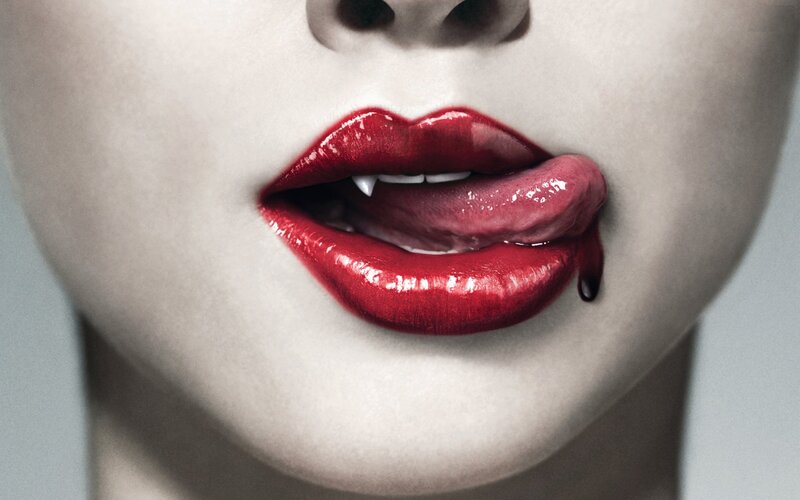 Close-up of Lips — Red, Dramatic, Photograph, Tongue, Fangs, White