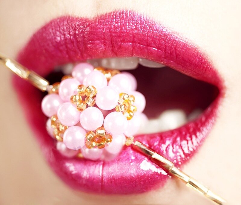 Close-up of Lips with Beads — Pink