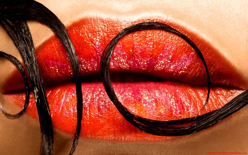 close-up of lips with hair