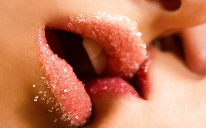 Close-up of Lips with Sugar — Pink, Intimate