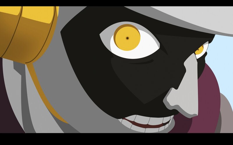 close-up of masked character