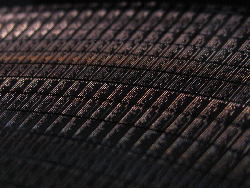 Close-up of microchips on a wafer