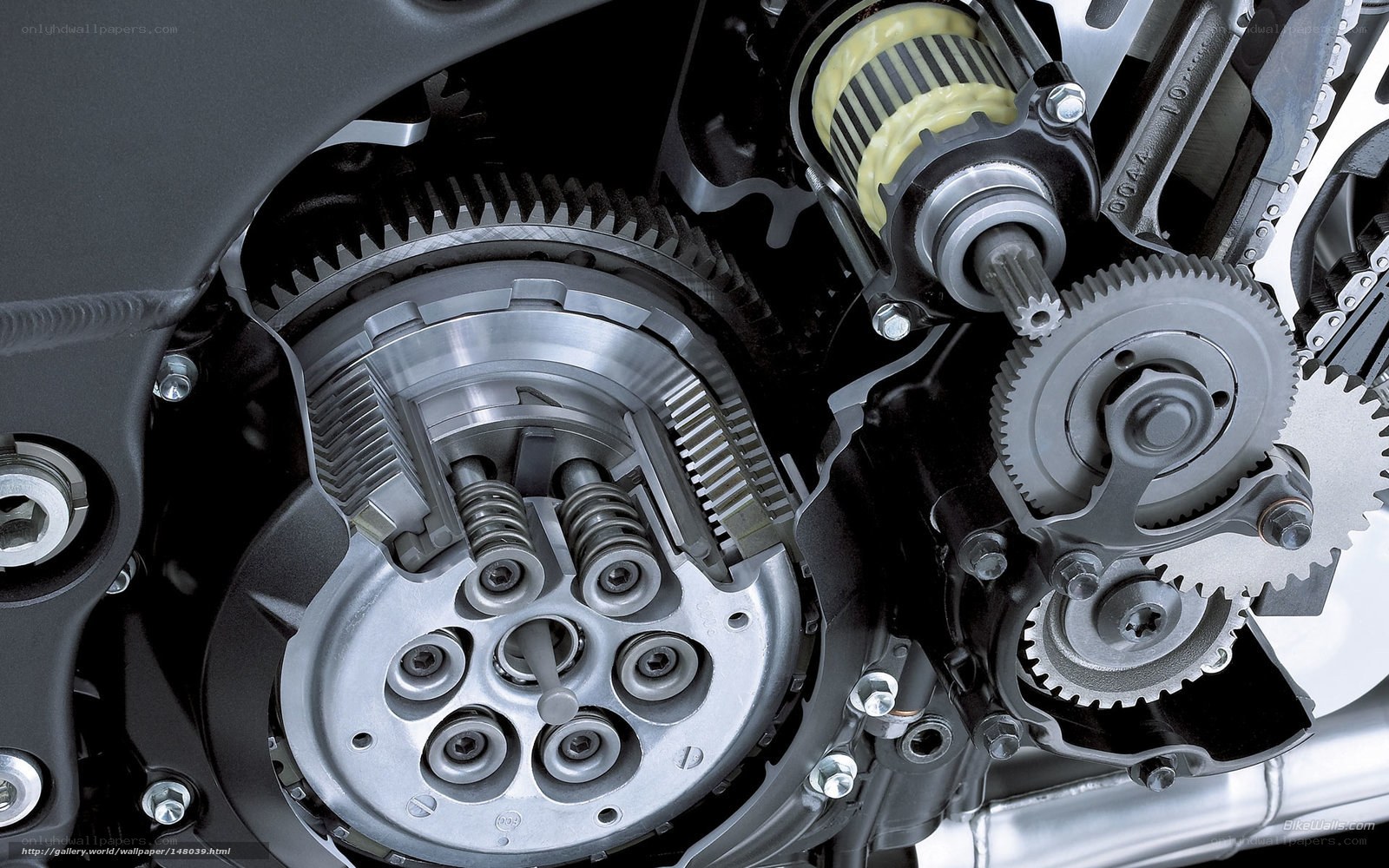 Close-up of motorcycle engine components