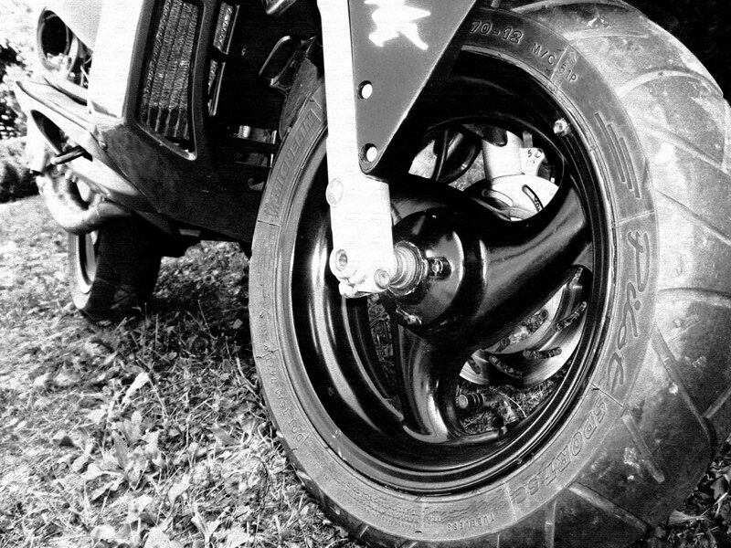 close-up of motorcycle wheel
