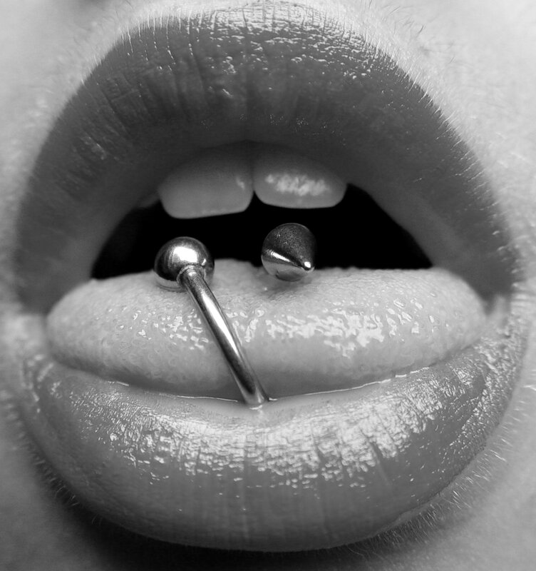 close-up of pierced tongue