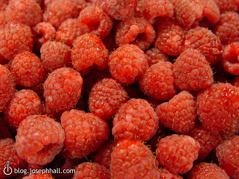 Close-up of Raspberries — Red, Natural, Photograph, Fruit, Text