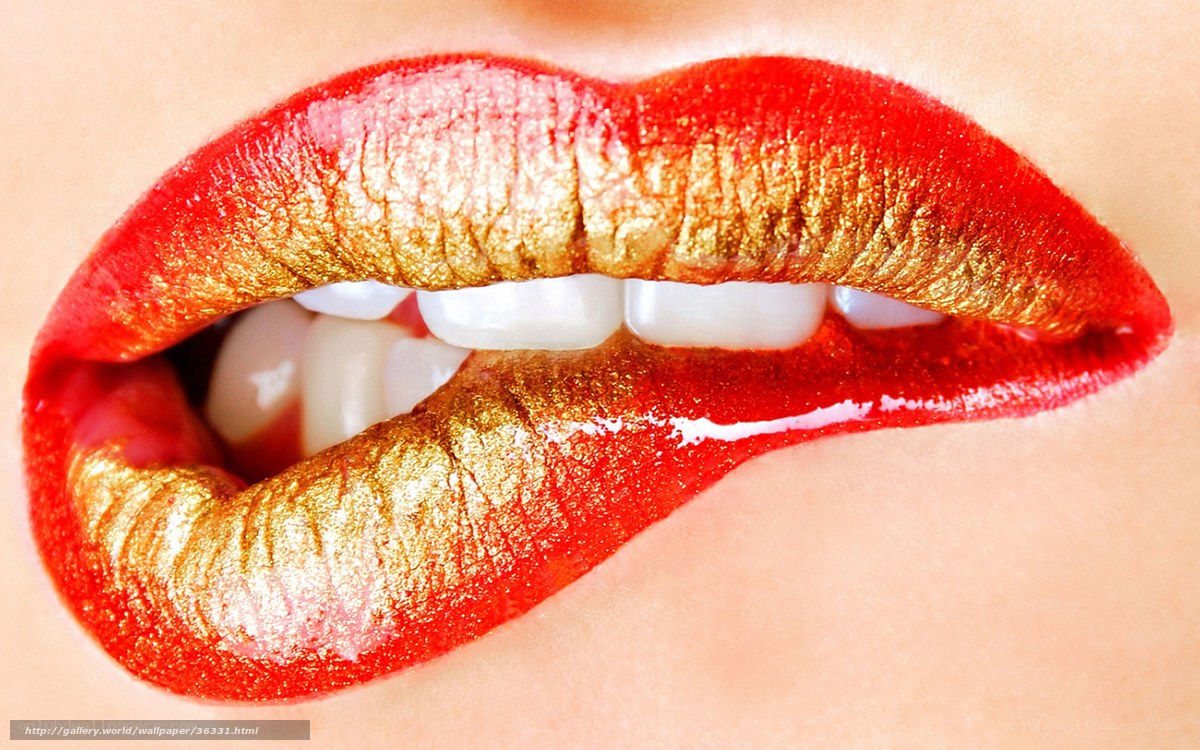 close-up of red and gold lips