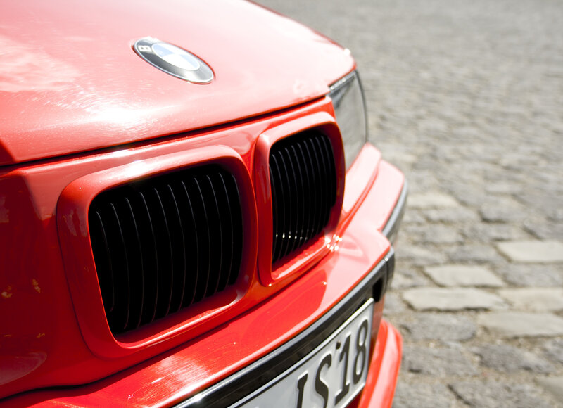 Close-up of red BMW front