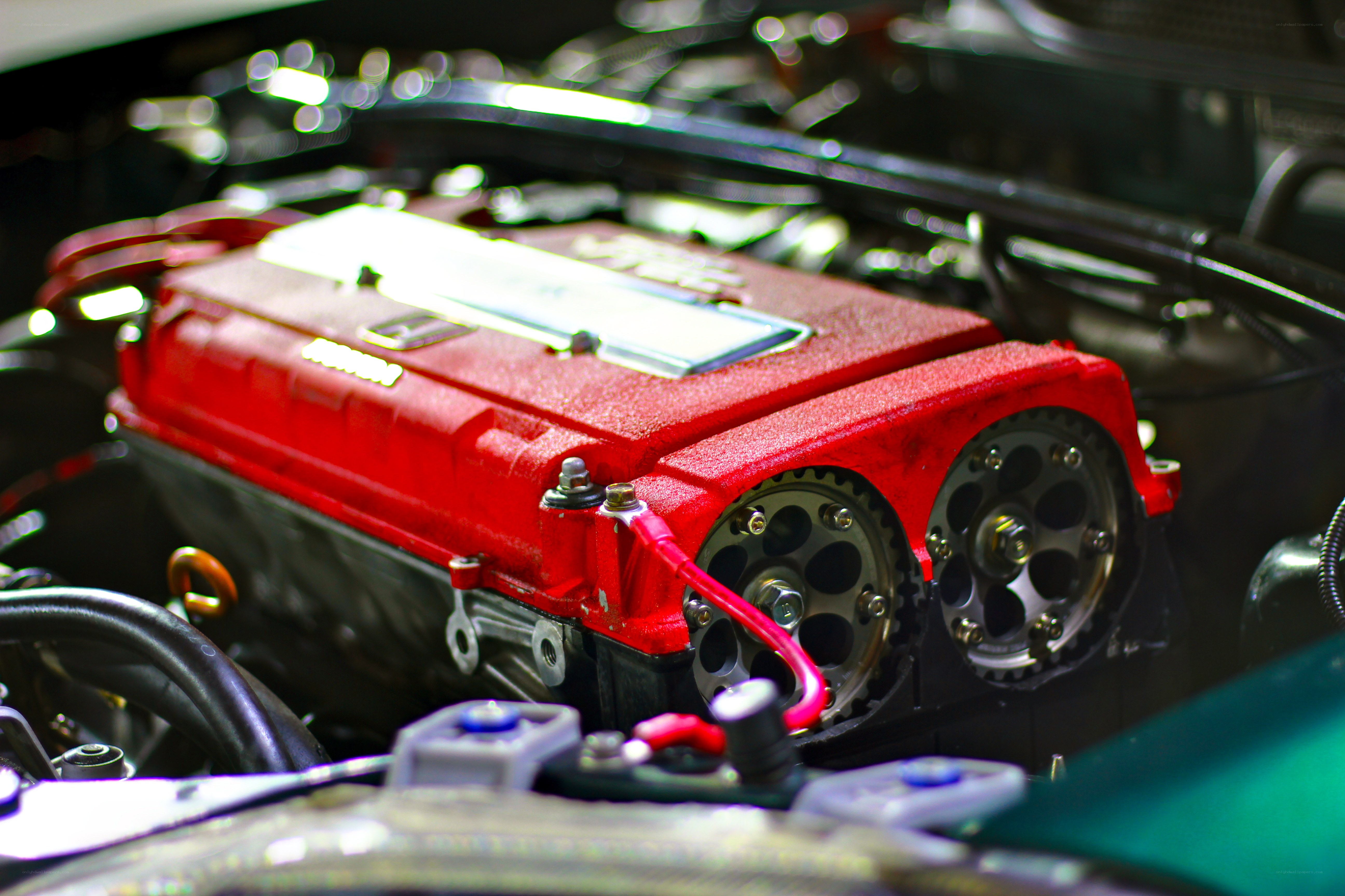 close-up of red engine