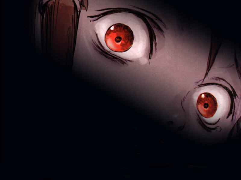 close-up of red eyes