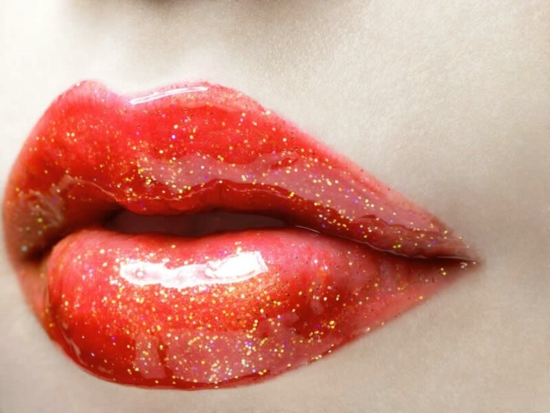 Close-up of Red Glitter Lips — Dramatic