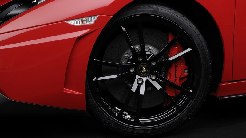 Close-up of red Lamborghini wheel