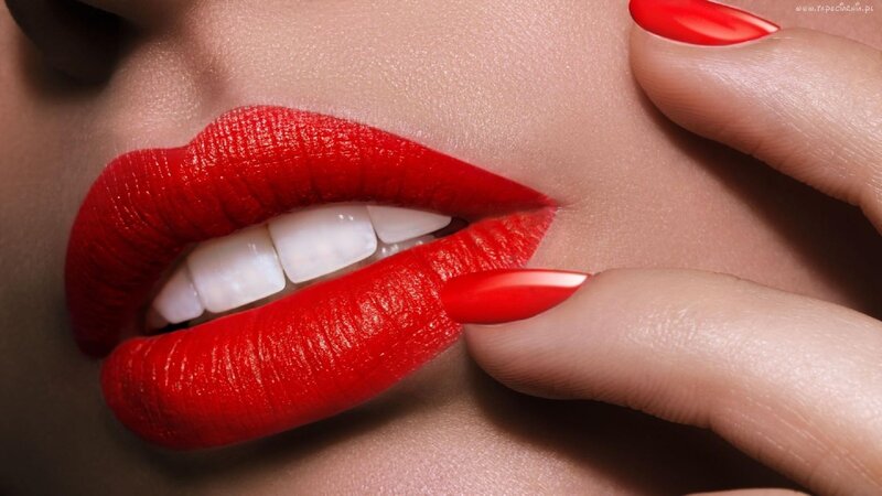 Close-up of Red Lips — Dramatic, Photograph, Fingers, Nail Polish