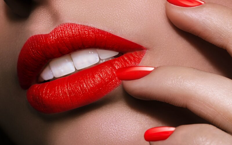 Close-up of Red Lips — Dramatic, Photograph, Fingers