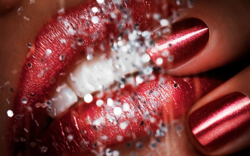 Close-up of Red Lips — Dramatic, Photograph, Glitter, Nails