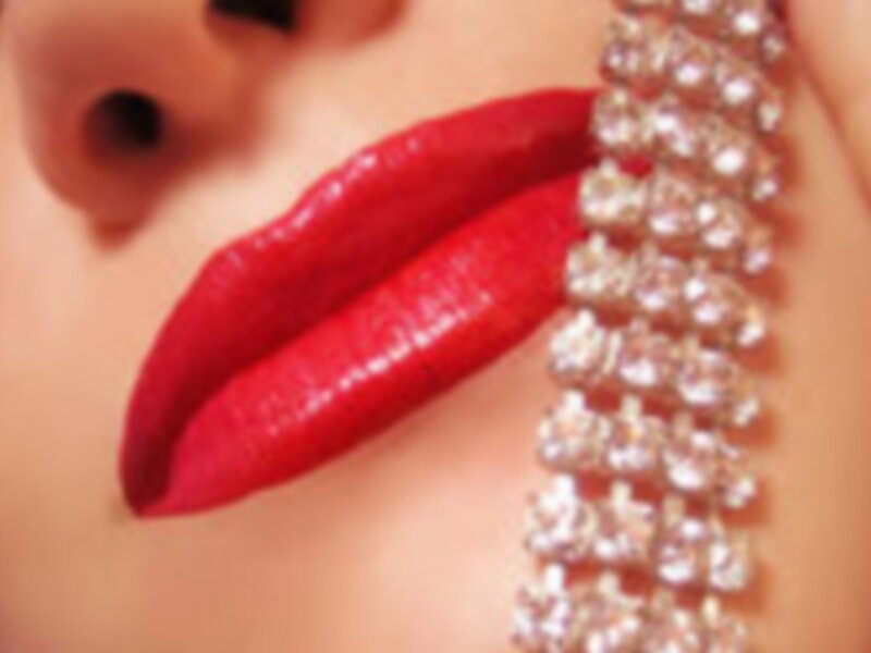 Close-up of Red Lips — Dramatic, Photograph, Nose, Diamond Necklace